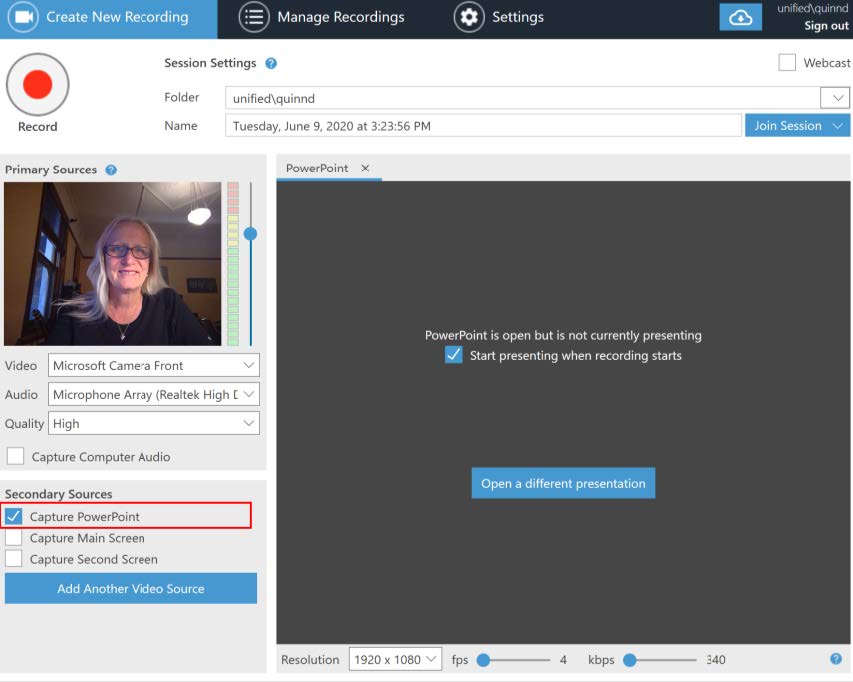Screen shot of dashboard of Panopto video recorder