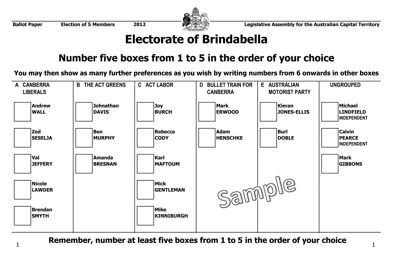 Sample ballot paper from the 2012 ACT Legislative Assembly election, for the electorate of Brindabella.