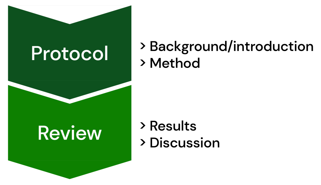 Diagram that outlines the two stages of review writing. There is tet in the diagram that reads: Step 1: Protocol, that includes background/introduction and method. Step 2: Review, that includes results and discussion.