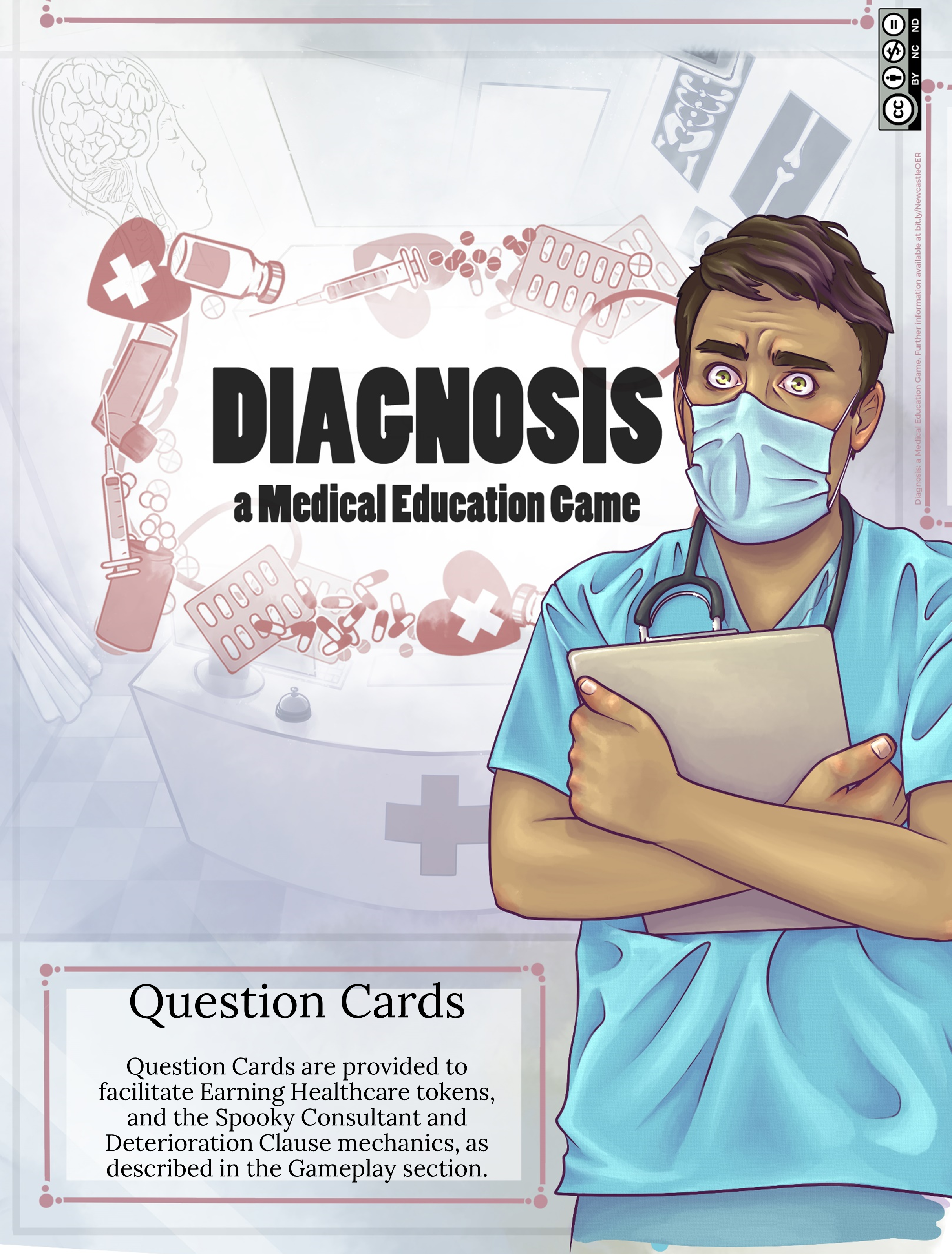 Cover image for Game Cards. Question cards are provided to facilitate Earning Healthcare tokens, and the Spooky Consultant and Deterioration Clause mechanics, as described in the Gameplay section.