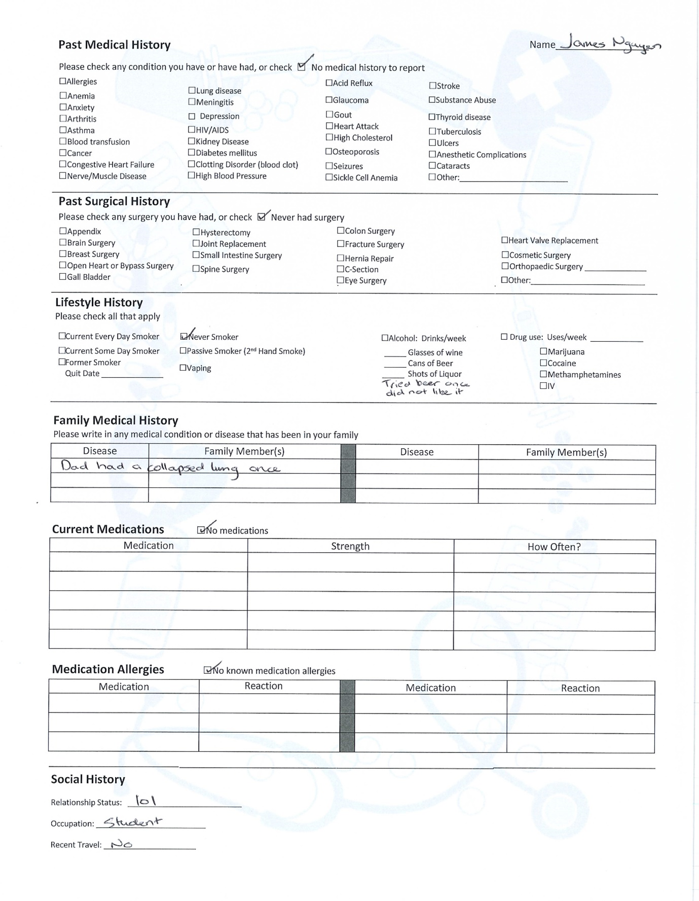 Printout of Case 10 history form