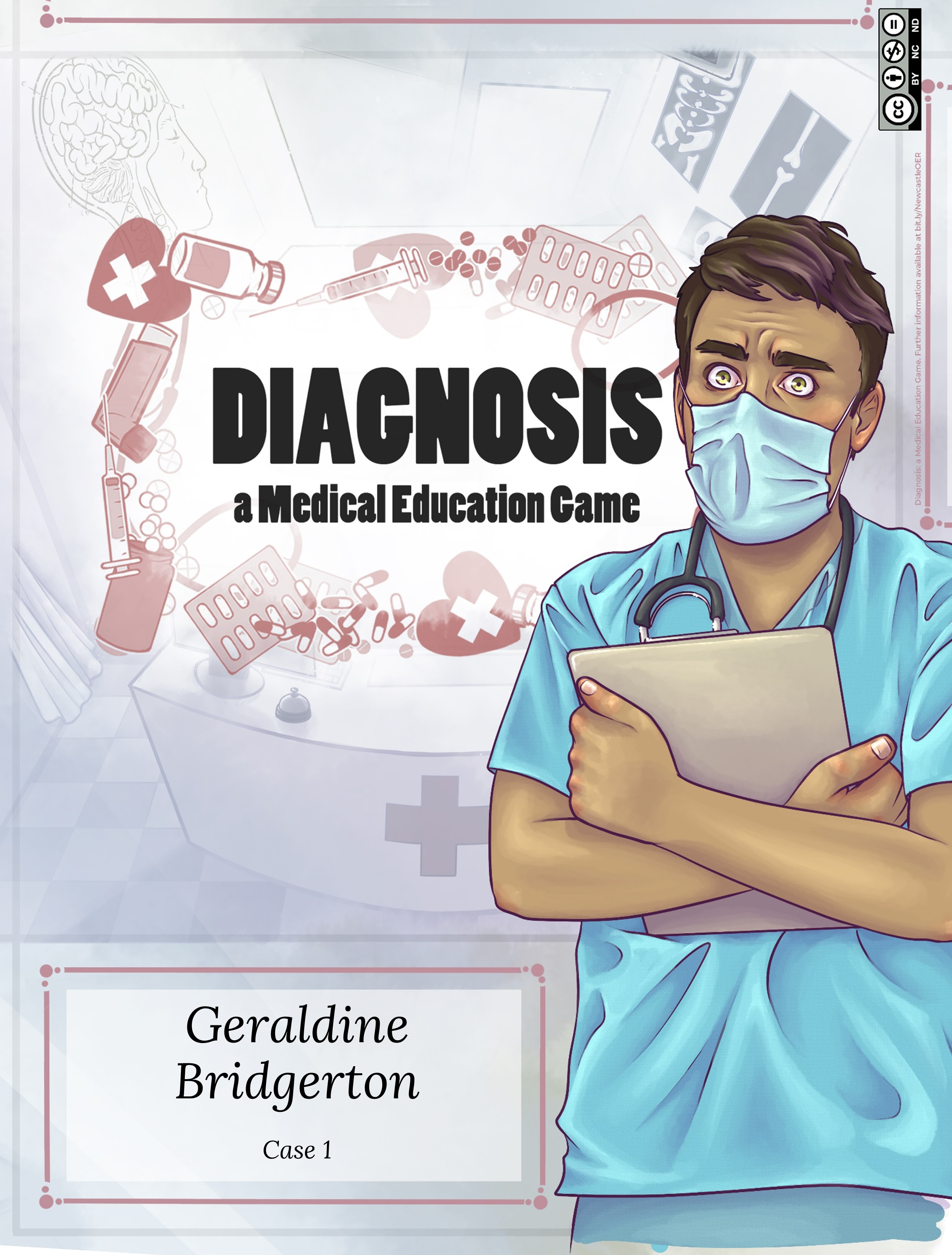 A person dressed in blue medical scrubs is facing the reader on the right of the image. They are wearing a surgical face mask and stethoscope, and are holding a clipboard behind their crossed arms in a slightly defensive posture. Their eyes are wide and anxious, and their brow is furrowed. Behind the person are various medical-related images such as pills, syringes, and x-ray results, suggesting a hospital setting.