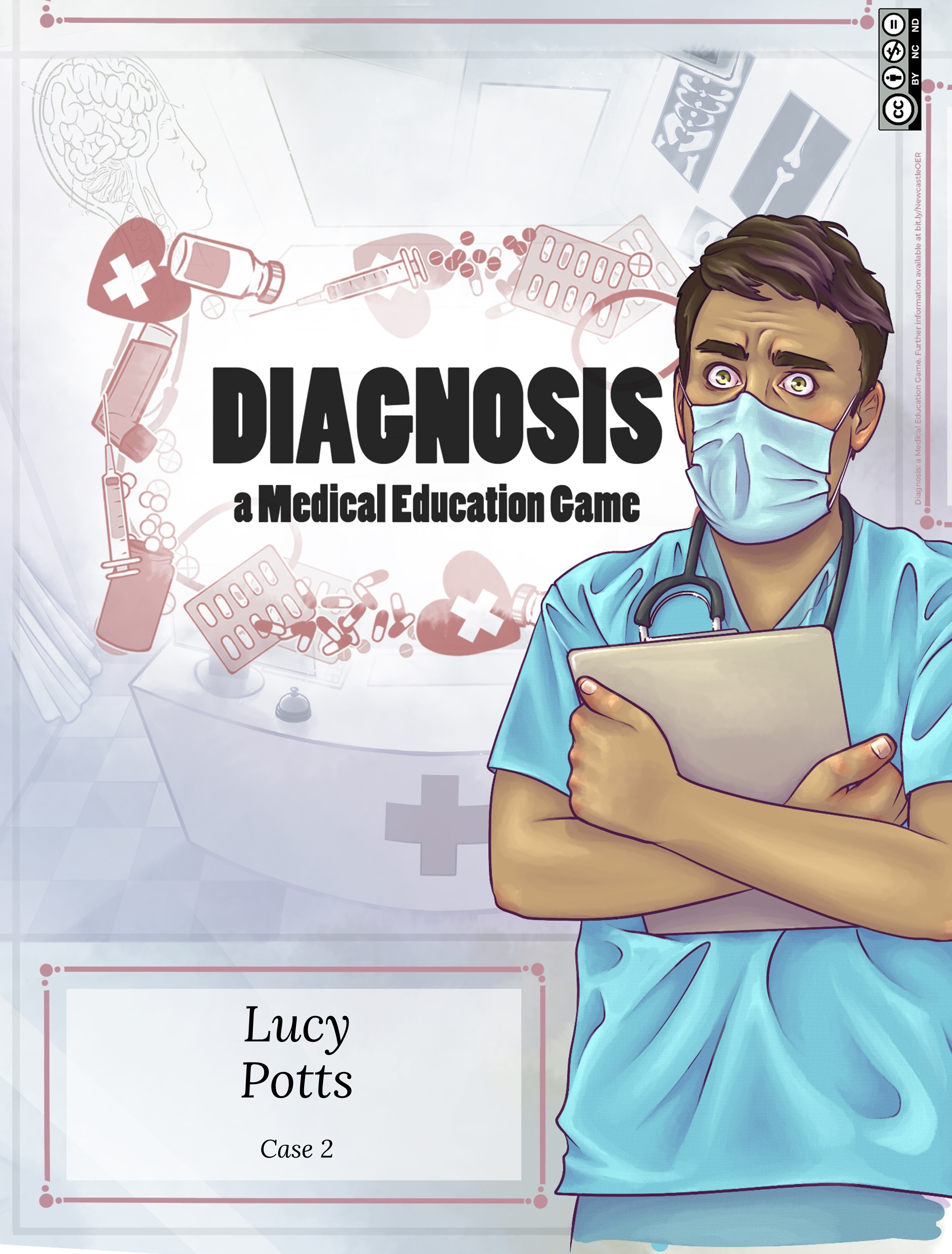 A person dressed in blue medical scrubs is facing the reader on the right of the image. They are wearing a surgical face mask and stethoscope, and are holding a clipboard behind their crossed arms in a slightly defensive posture. Their eyes are wide and anxious, and their brow is furrowed. Behind the person are various medical-related images such as pills, syringes, and x-ray results, suggesting a hospital setting.