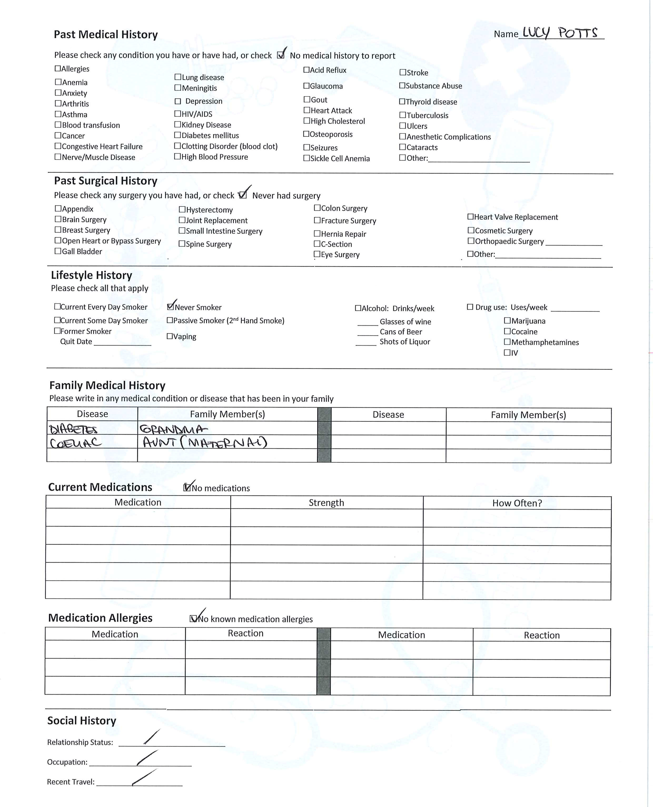 Printout of Case 2 history form