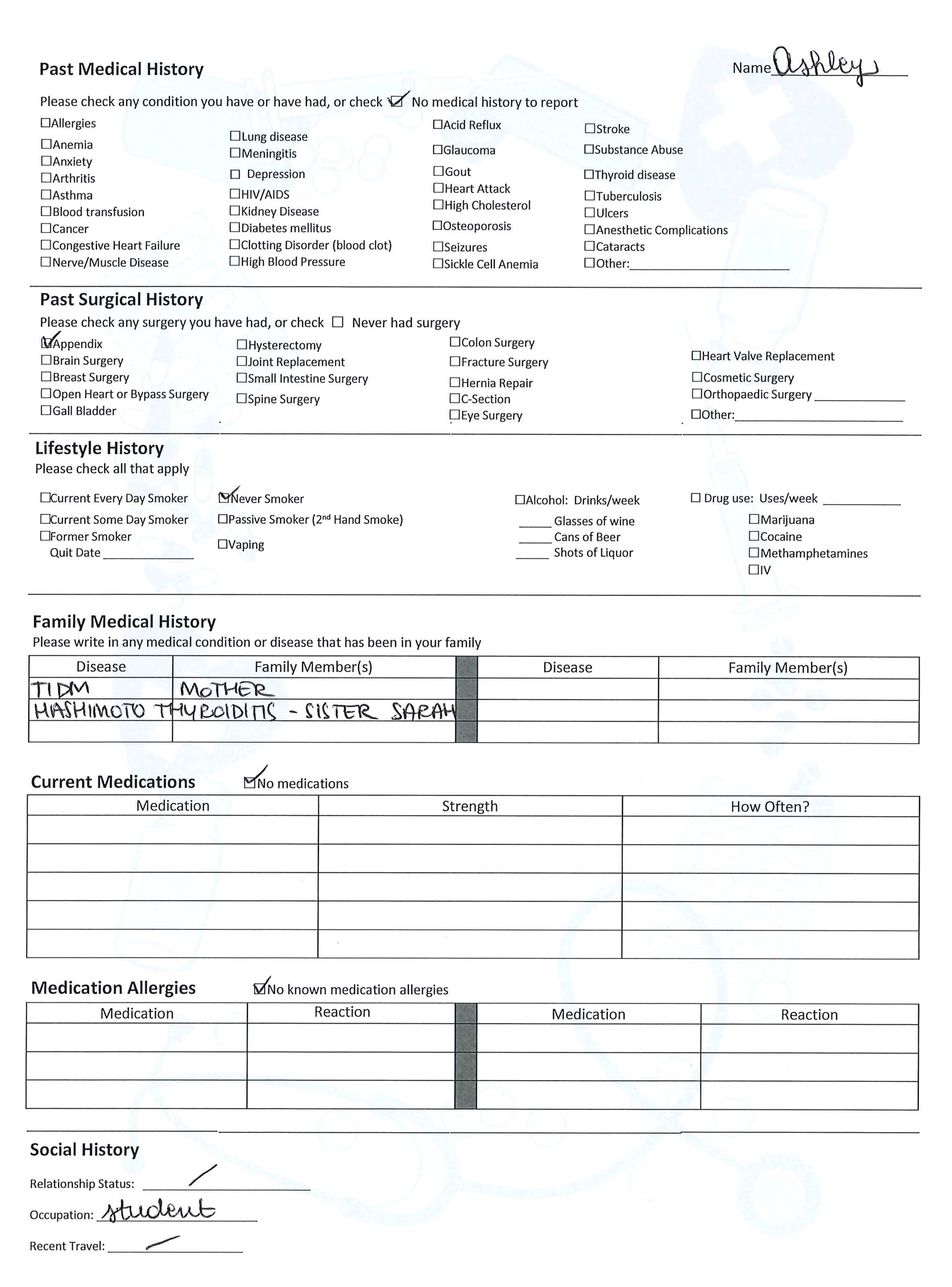 Printout of Case 3 history form