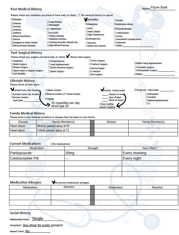 Printout of Case 5 history form