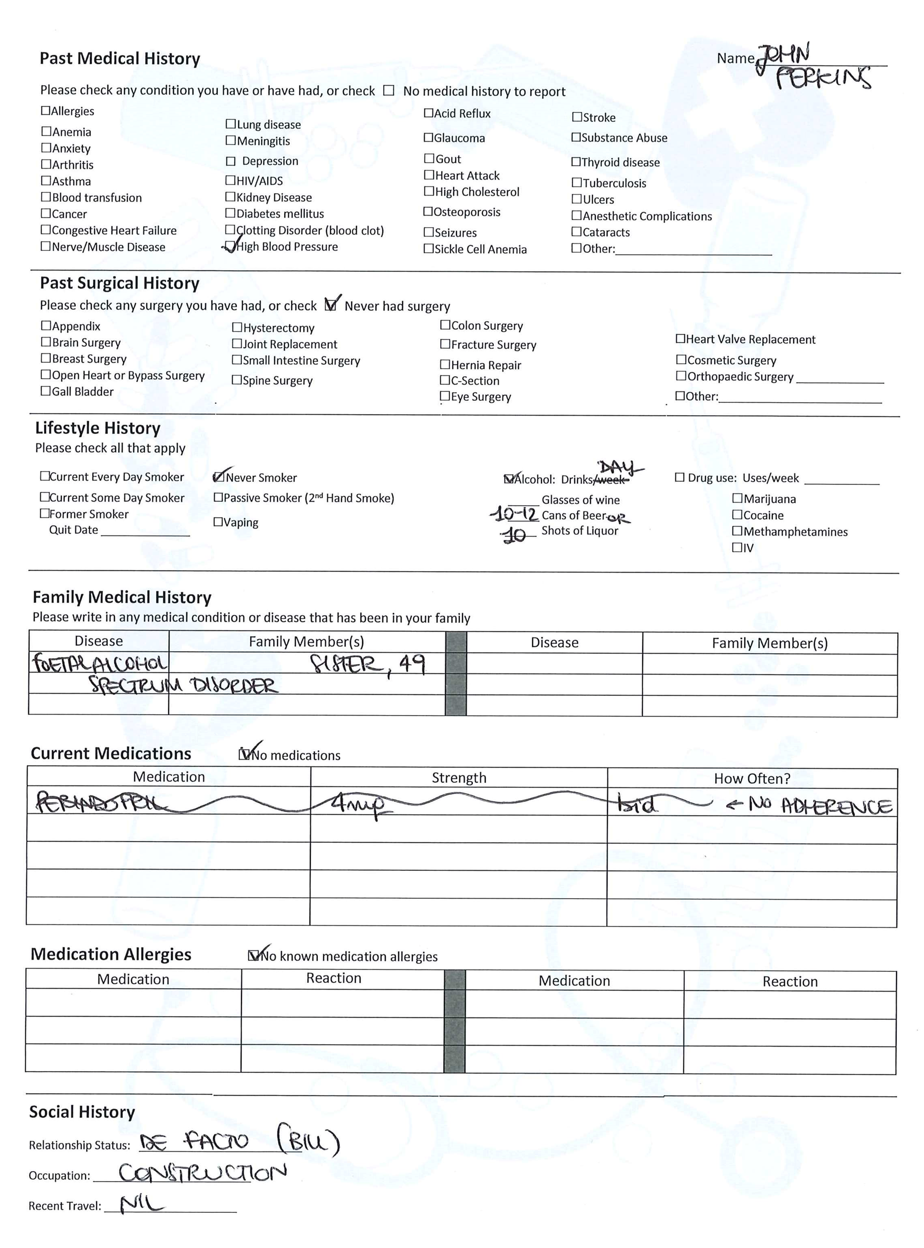 Printout of Case 7 history form