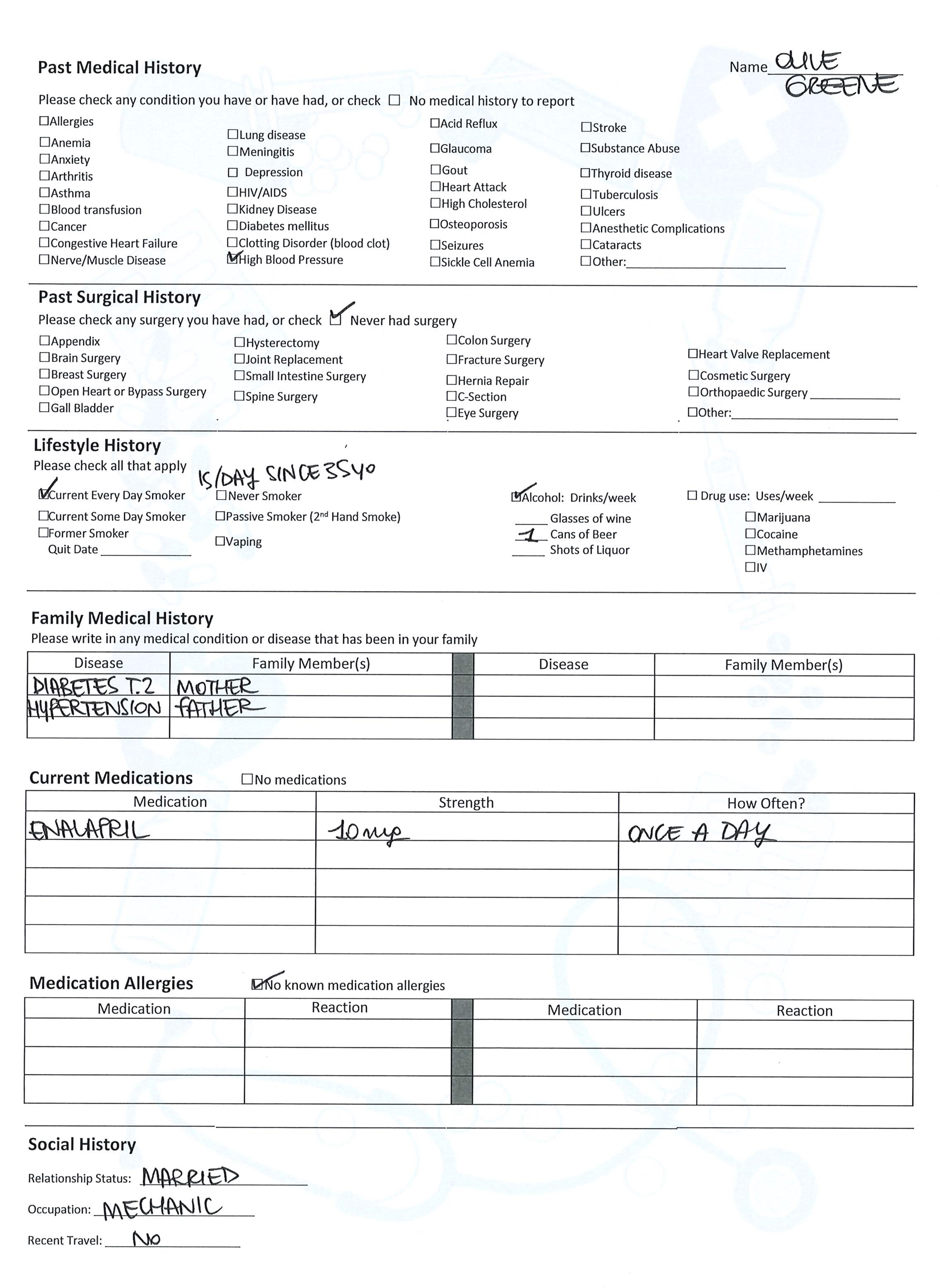 Printout of Case 8 history form