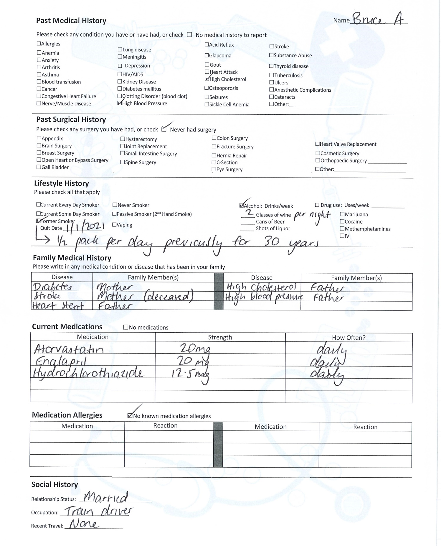 Printout of Case 9 history form