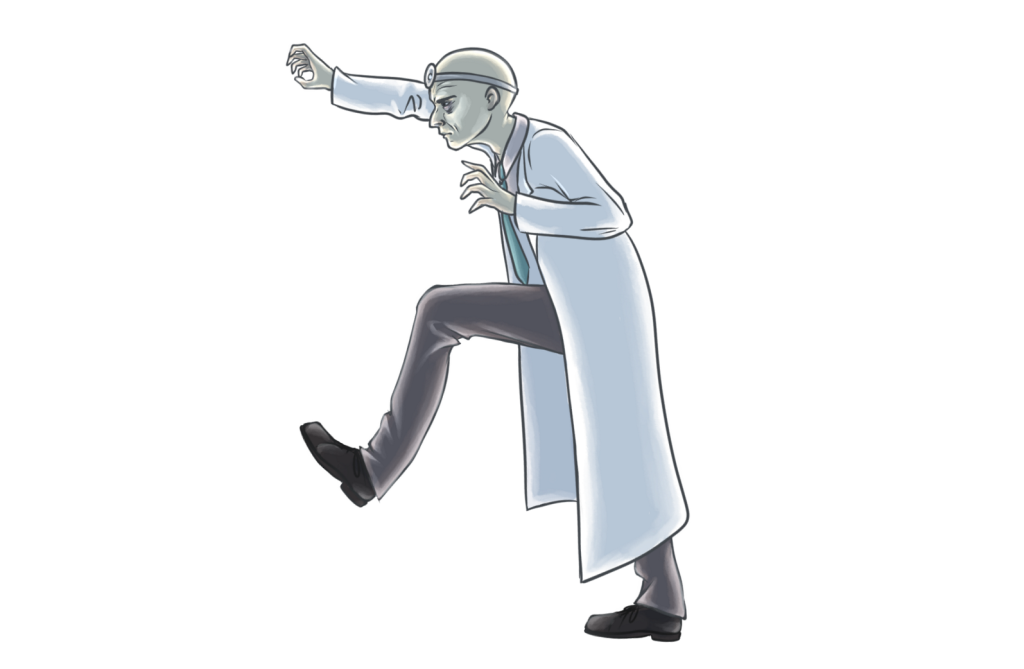 Side view of a cartoon bald man in a doctor's coat, reaching out in front of him.