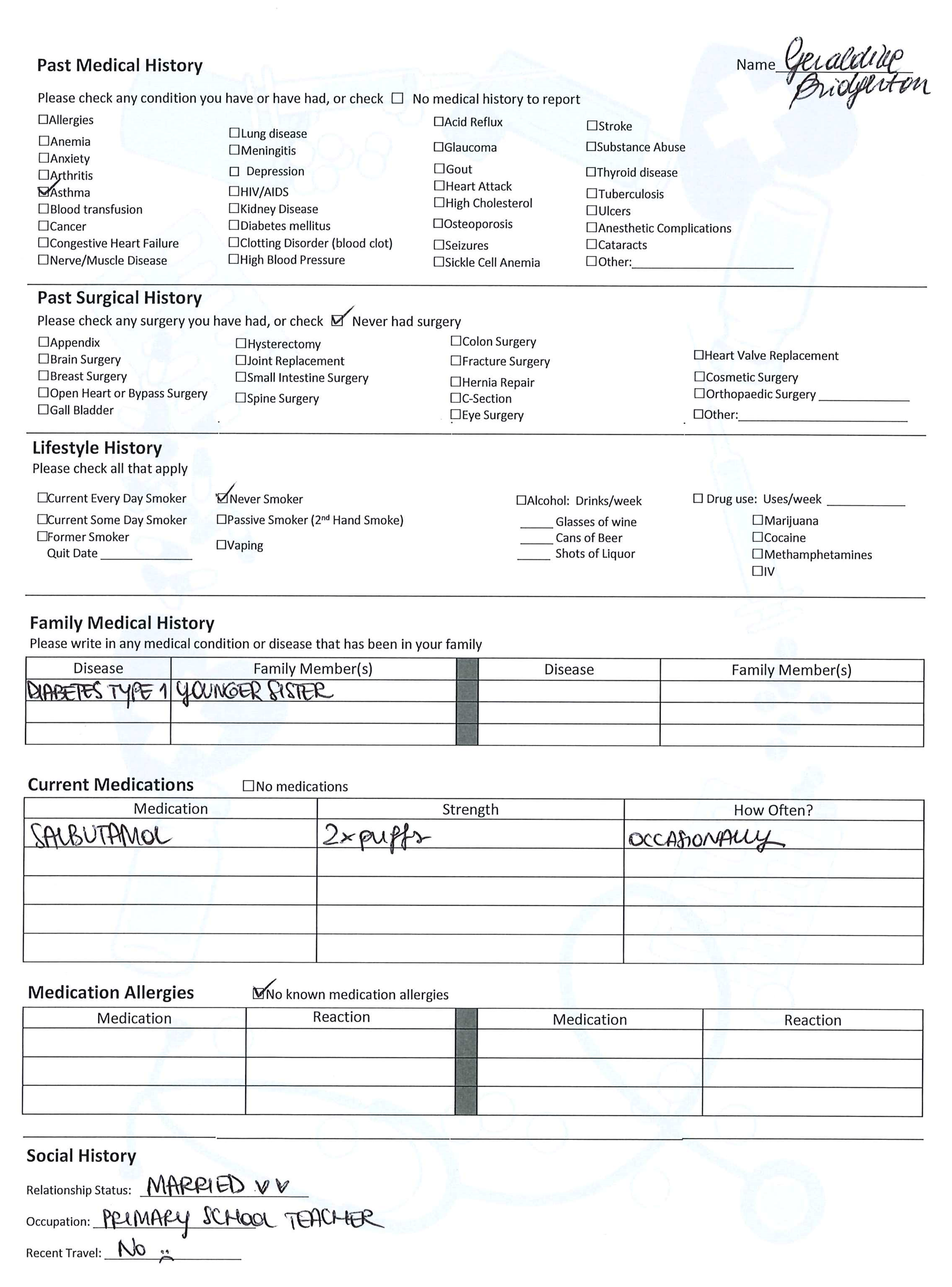 Printout of history form for Case 1