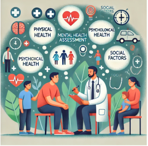 An image introducing the chapter on assessments in mental healthcare, depicting a clinician sitting with patients and their families during an assessment session. Surrounding the main image are smaller visuals, including words such as 'social factors,' 'psychological factors,' and 'physical health,' along with icons of a heart and family figures. The image emphasises the holistic approach to mental health assessments, considering biological, psychological, and social factors