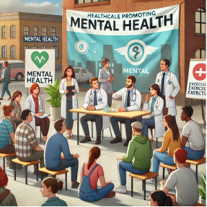 An image introducing Chapter 3 shows a group of healthcare providers and community members engaged in a mental health promotion session. The scene highlights interaction, education, and awareness, reinforcing the chapter’s focus on promoting mental well-being.