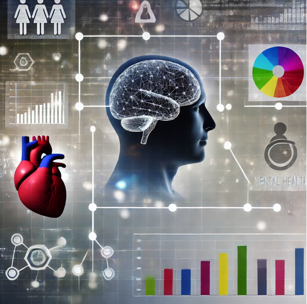 An image introducing Chapter 1, featuring a heart, a brain, and various graphs illustrating the connection between physical and mental health. The visuals emphasise the interplay between physical and psychological well-being