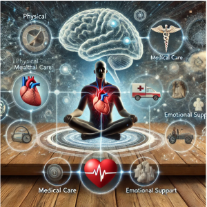 An image introducing Chapter 2, featuring a colorful X-ray-like depiction of a person sitting cross-legged in a yoga pose with a visible cardiovascular system. The image is connected to symbols representing an ambulance, emotional support, medical support, and physical care, illustrating the connection between physical and mental health. The visual emphasises the importance of integrated healthcare for overall well-being.