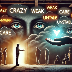 An image introducing a chapter on stigma, depicting faceless figures humiliating others who appear with downcast heads. Words like 'shame,' 'weak,' 'crazy,' and 'unstable' are displayed in the image, symbolising the negative labels associated with mental health stigma. The visual highlights the emotional impact of discrimination and social exclusion