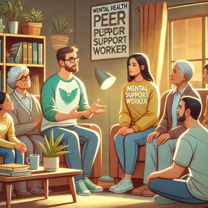 An illustration depicting a mental health peer support worker with lived experience engaging in a supportive discussion with a diverse family in a home setting. The peer support worker shares their insights, fostering trust, empathy, and collaboration. The family members, representing different ages and cultural backgrounds, listen attentively. The warm atmosphere, with soft lighting, books, and plants, creates a sense of comfort and safety, emphasising the importance of lived experience in mental health care.